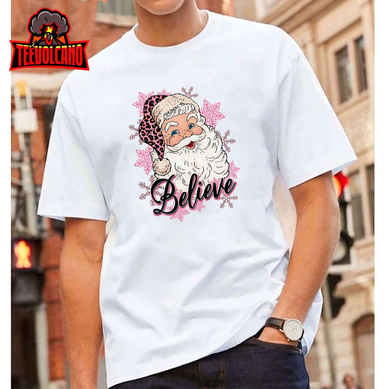 Groovy Vintage Pink Santa Claus Believe Christmas Women Kids T-Shirt