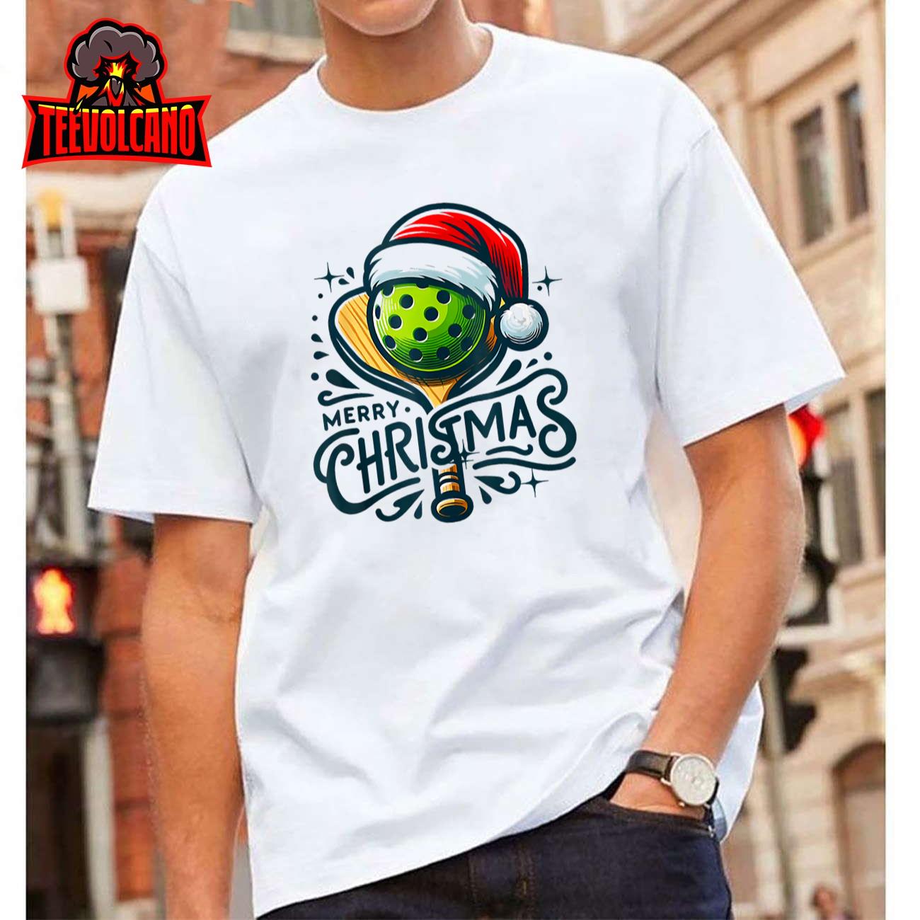 Merry Christmas Pickleball Pickle Ball and Paddle Santa Hat T-Shirt