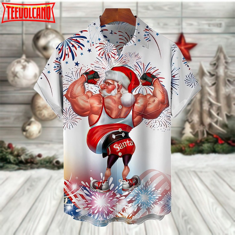 Muscle Santa Claus Hawaiian Shirt, Fitness Santa Hawaii Shirt, Bodybuilding Santa Aloha Shirt