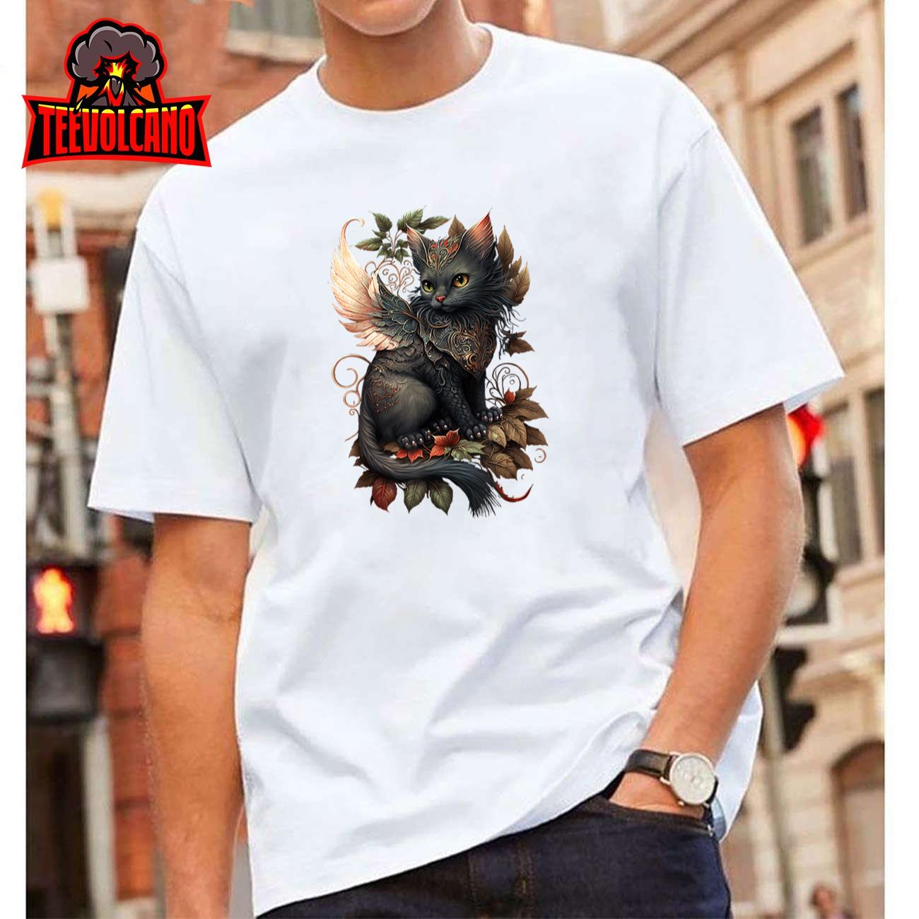 Mystical Black Cat Dragon Fairy Copper Autumn Whimsy T-Shirt