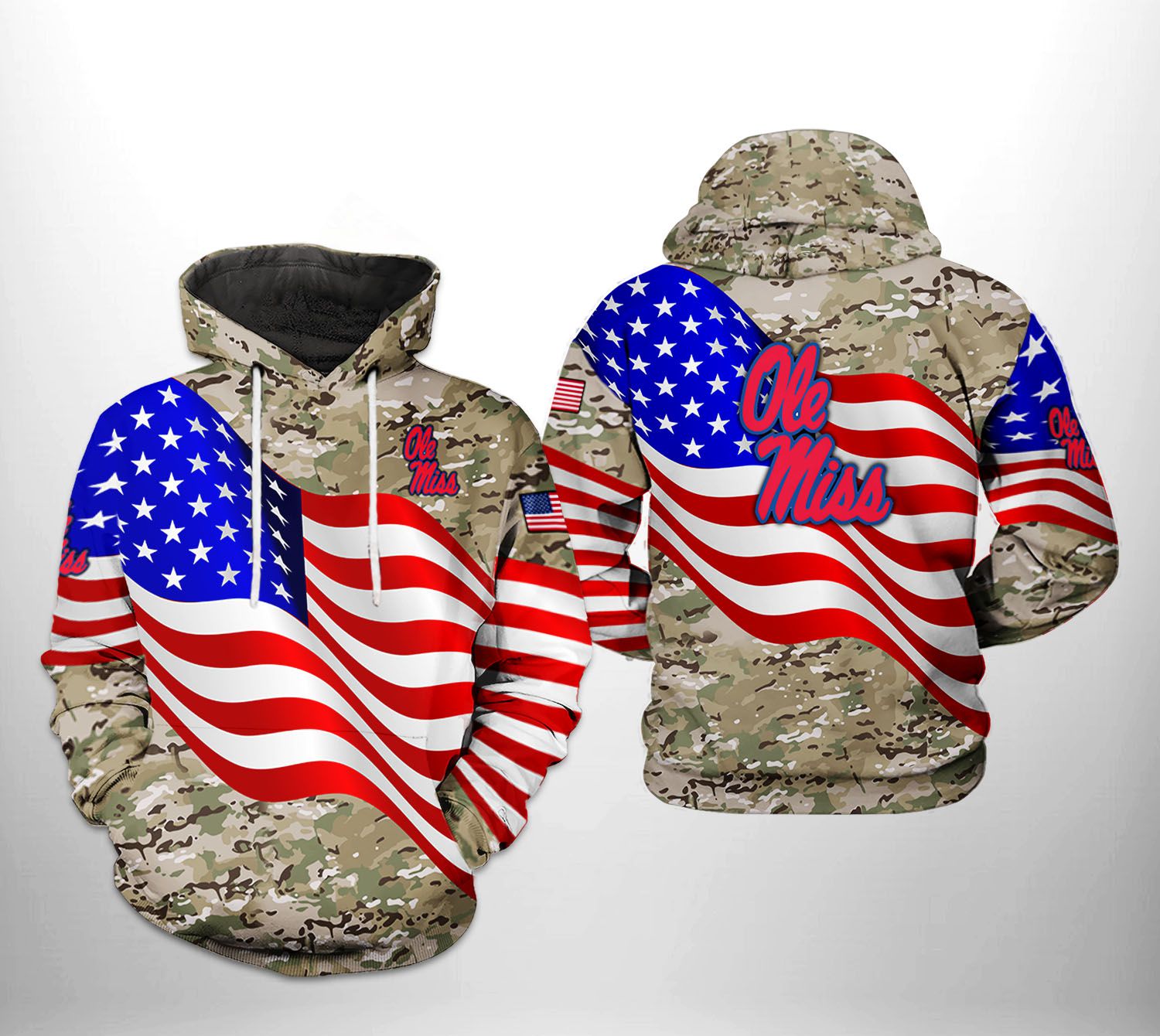 Ole Miss Rebels NCAA US Flag Camo Veteran 3D Printed Hoodie