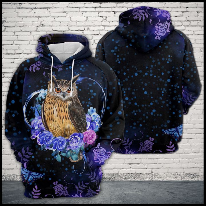 Owl Purple Heart Flower 3D Printed Hoodie
