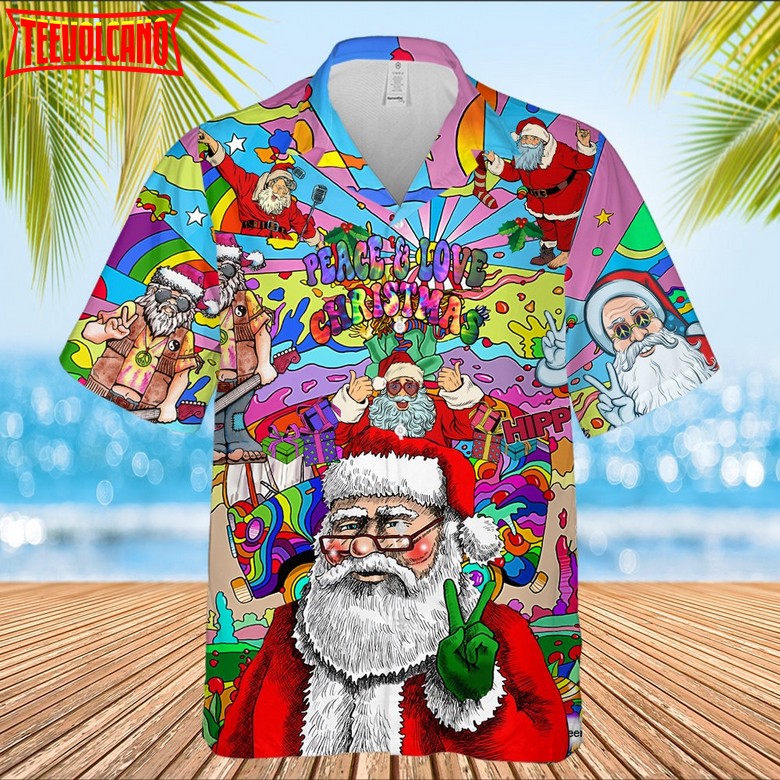 Peace Love Santa Clause Hippie Pattern Hawaiian Shirt, Christmas Hippie Hawaiian Shirt