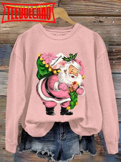 Pink Santa Claus Print Crew Neck Shirt, Pink Vintage Santa Christmas Shirt