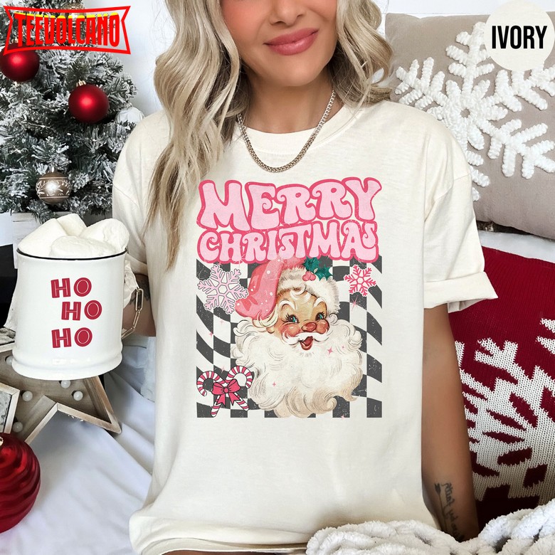 Retro Vintage Pink Santa Shirt, Classic Christmas Santa Claus Holiday T-Shirt