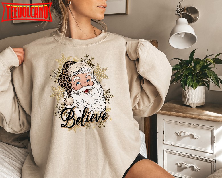 Santa Believe Shirt, Leopard Santa Shirt, Cute Santa Claus T-shirt