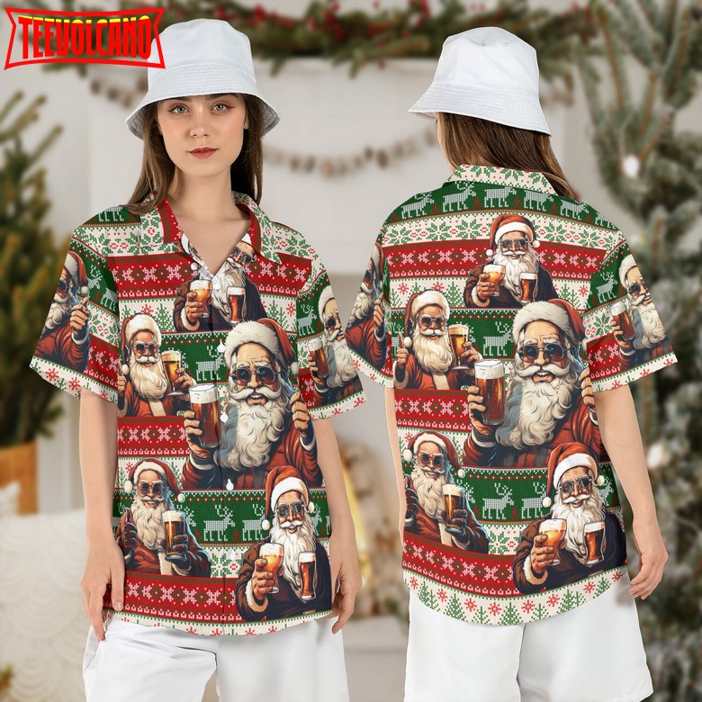 Santa Claus Beer Ugly Christmas Sweater Hawaiian Shirt, Santa Xmas Hawaii Shirt