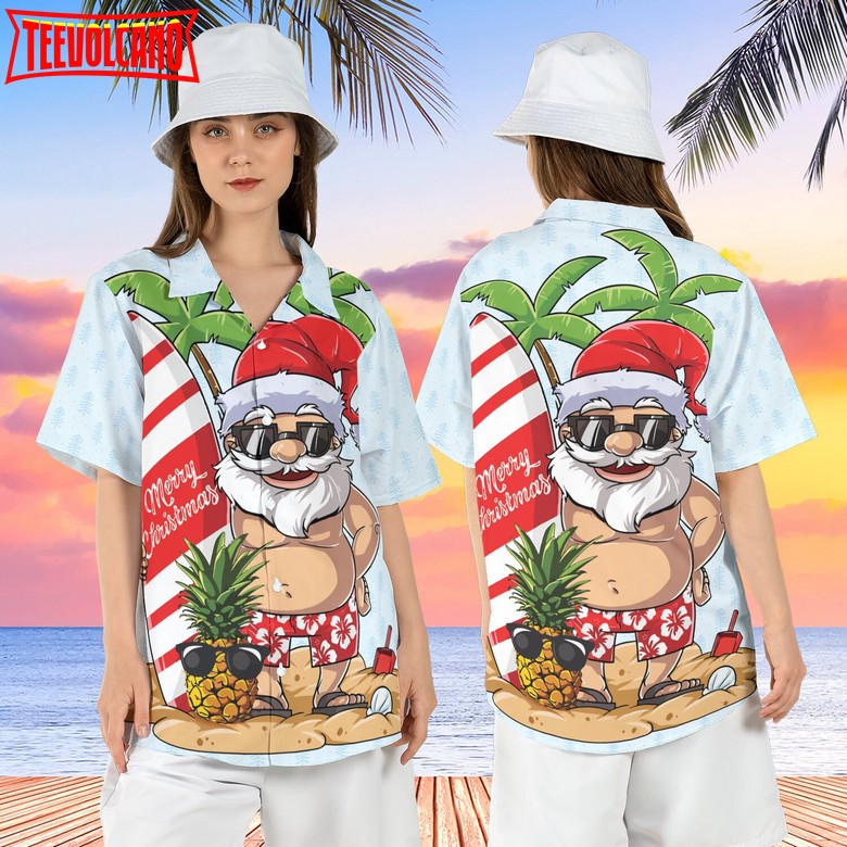 Santa Claus Christmas Hawaiian Shirt, Tropical Santa Xmas Hawaii Shirt, Santa Surfing Shirt