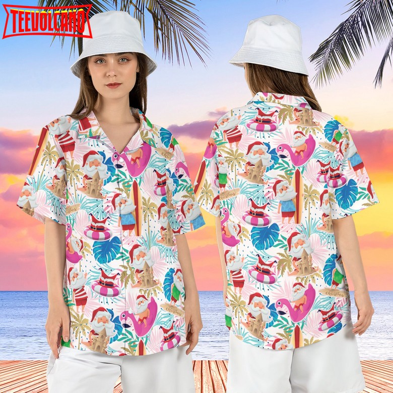 Santa Claus Flamingo Hawaiian Shirt, Tropical Surfing Santa Hawaii Shirt, Santa Summer Shirt