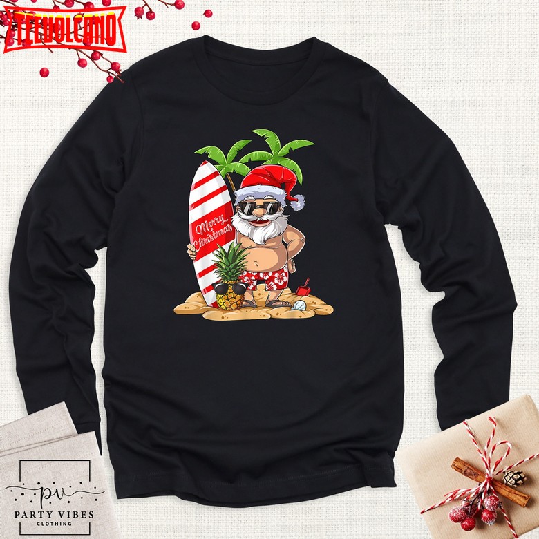 Summer Christmas Surf Santa Claus Shirt, Holiday Trip Tropical Christmas Hoodie