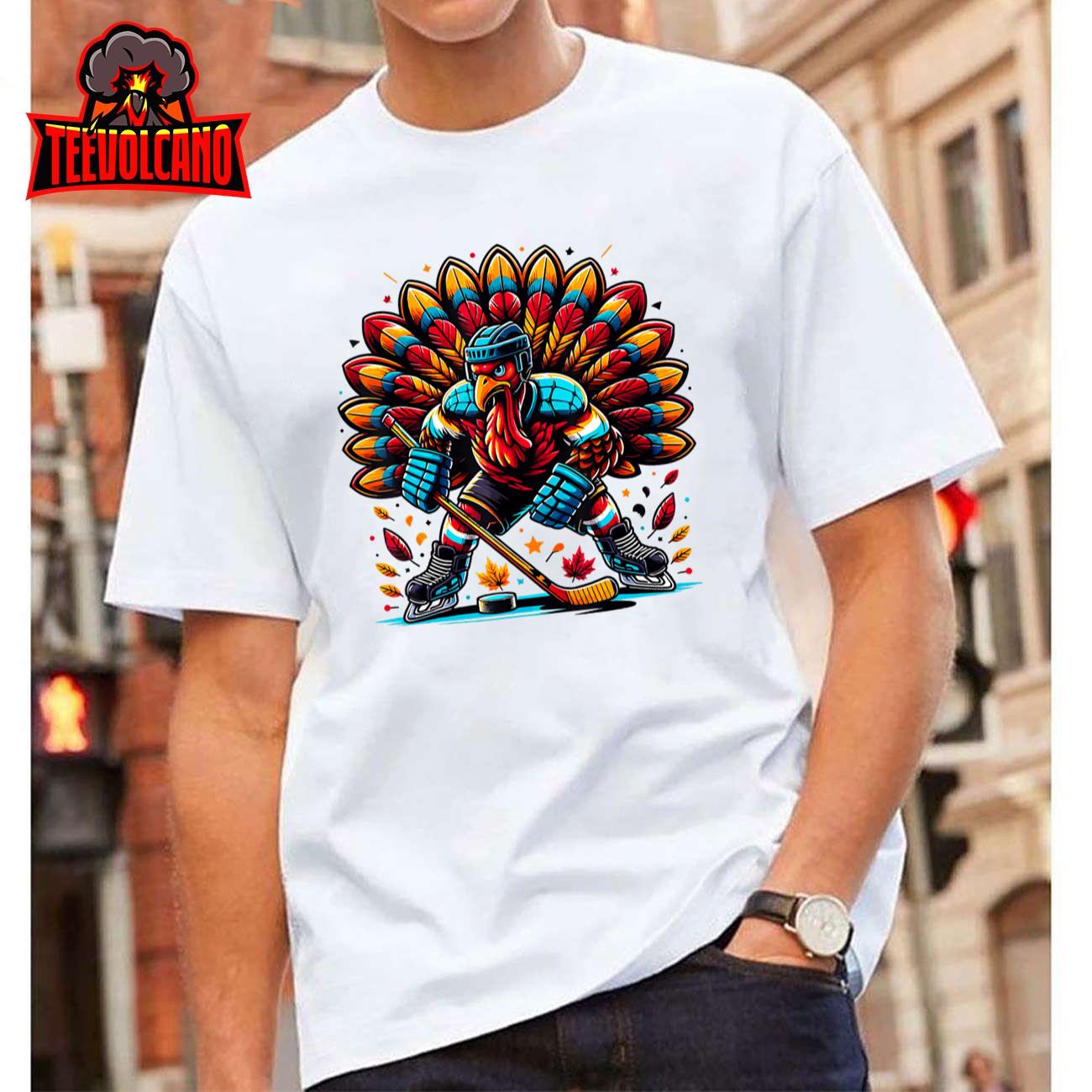 Thanksgiving Ice Hockey Turkey Playing Hockey Thankful T-Shirt