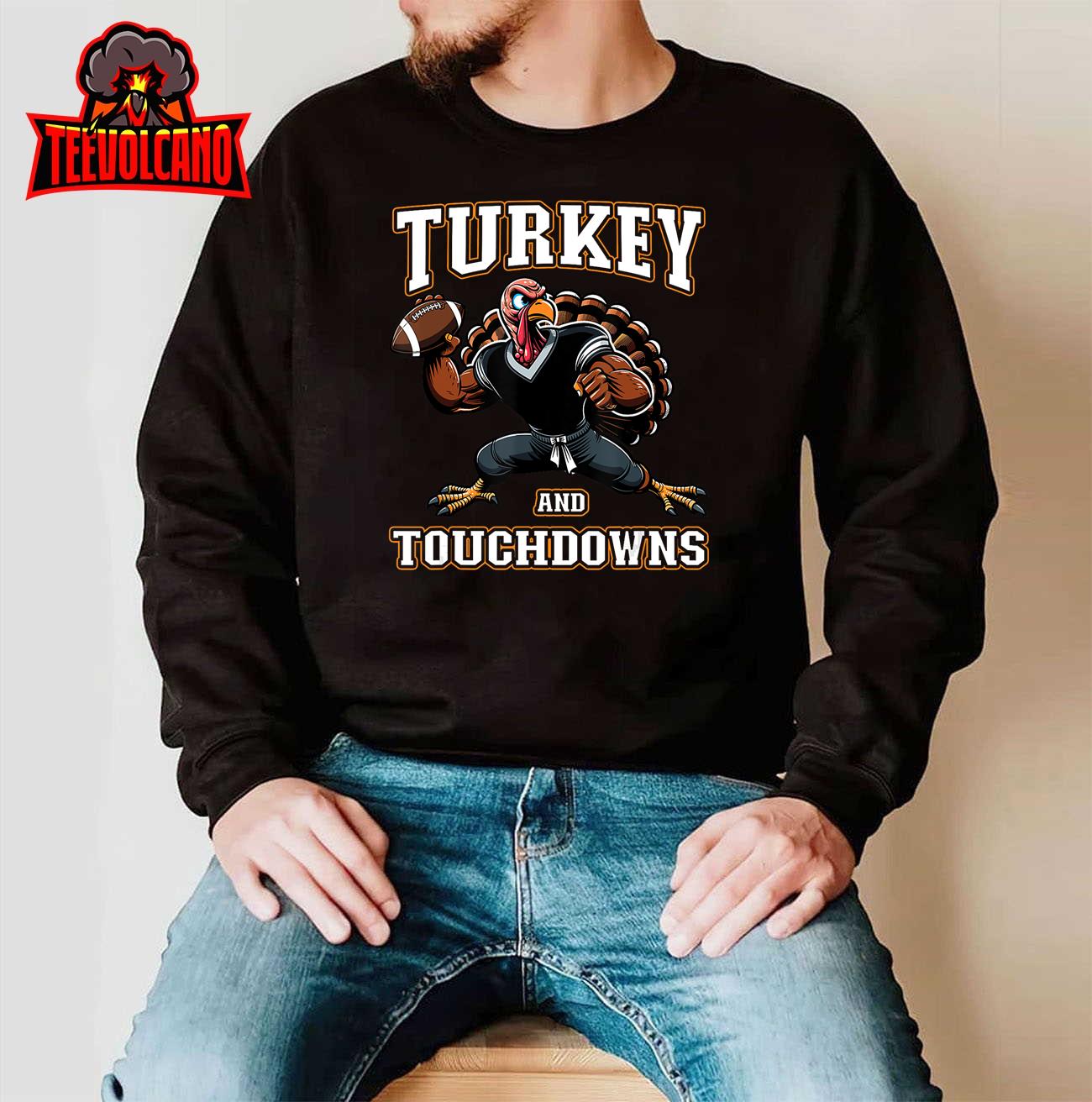 Thanksgiving Shirt for Boys Turkey and Touchdowns Youth Men T-Shirt