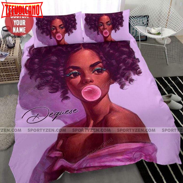 Black Girl Pink Bubble Gum African Custom Name Duvet Cover Bedding Set