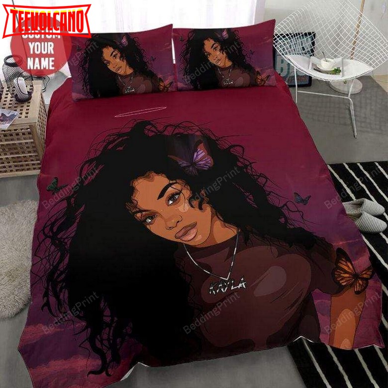Black Girl Purple Butterfly Custom Name Duvet Cover Bedding Set