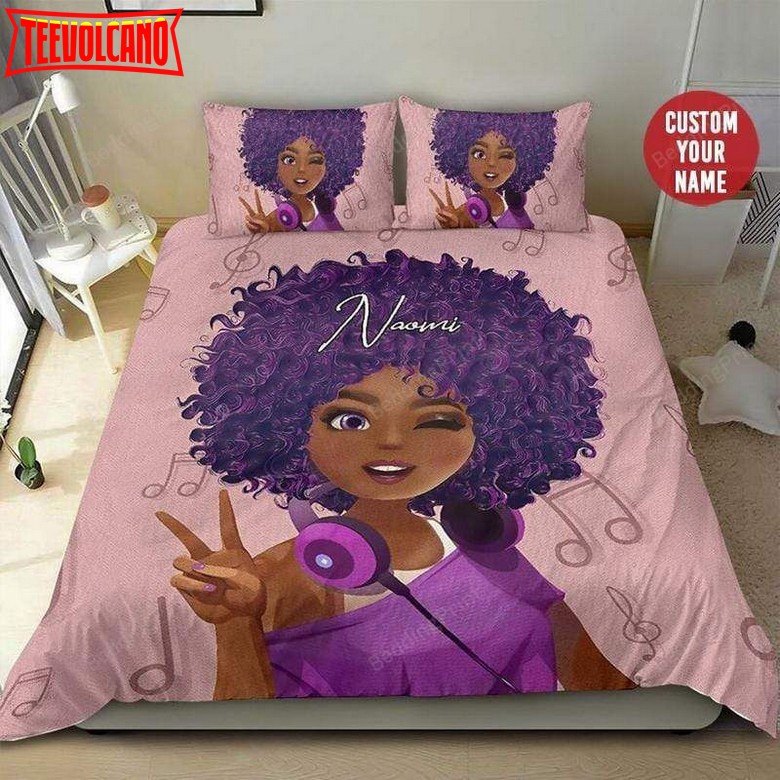 Black Girl Purple Music Note Custom Name Duvet Cover Bedding Set