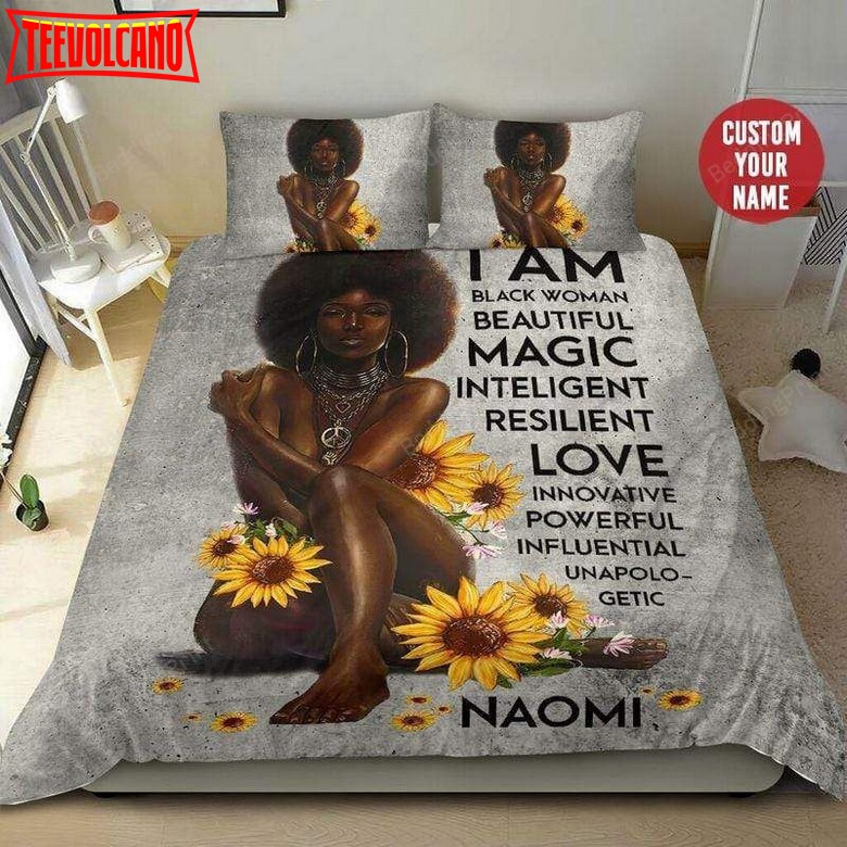 Black Girl Sunflower Beautiful Magic Personalized Custom Name Bedding Set
