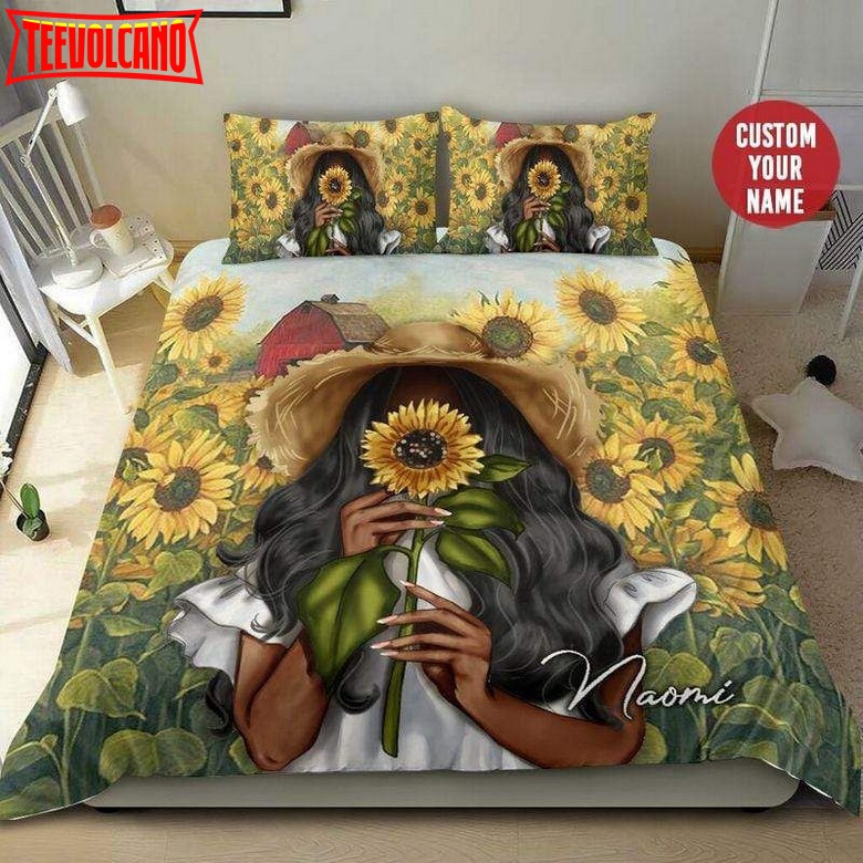 Black Girl Sunflower Beautiful Personalized Custom Name Bedding Set