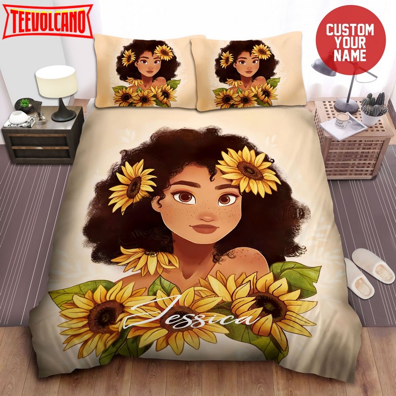 Black Girl Sunflower Romantic Personalized Custom Name Bedding Set