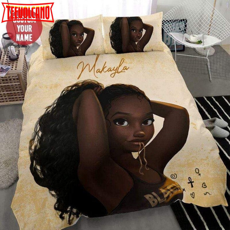 Black Girl Tie Hair Brown Tone Custom Name Duvet Cover Bedding Set