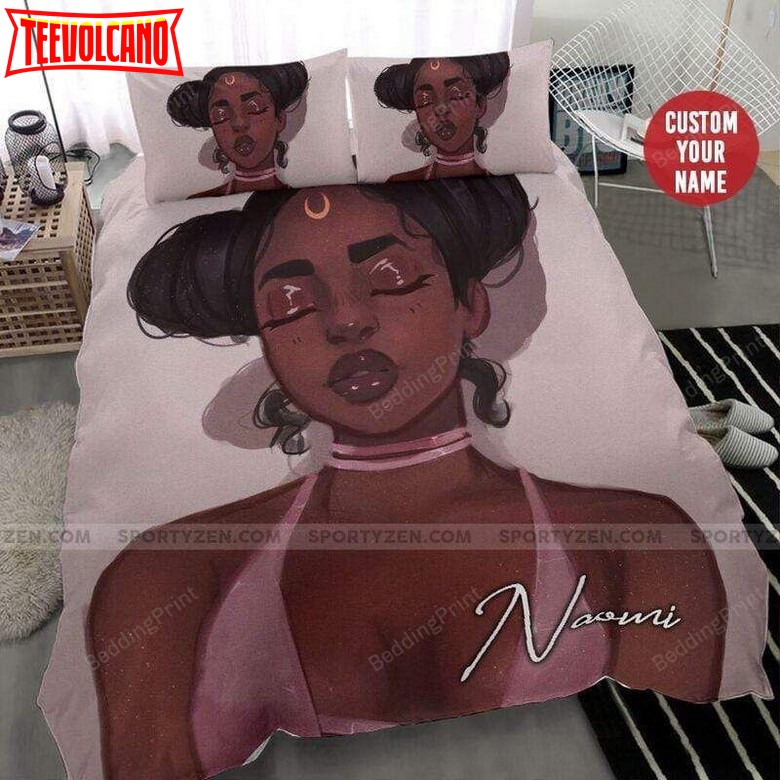 Black Girl Two Buns Moon Custom Name Duvet Cover Bedding Set