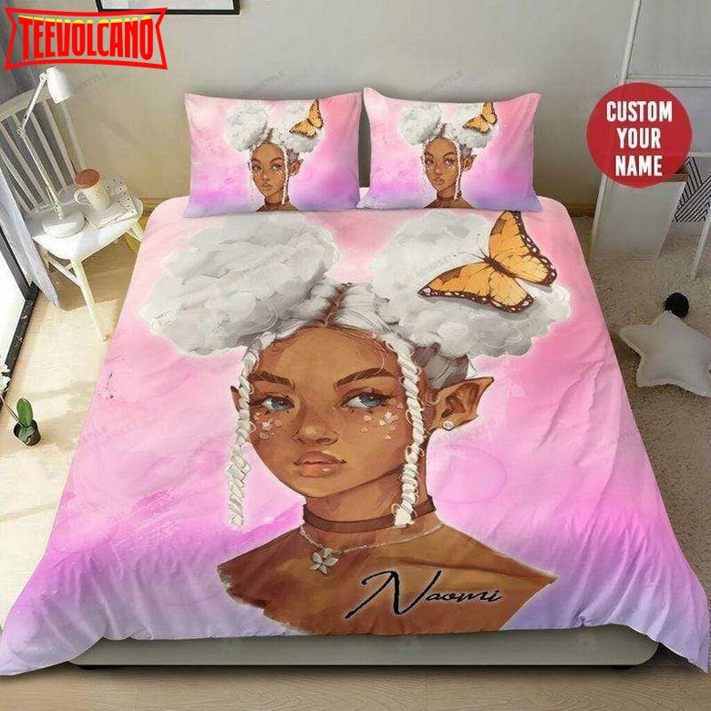 Black Girl White Hair Butterfly Custom Name Duvet Cover Bedding Set