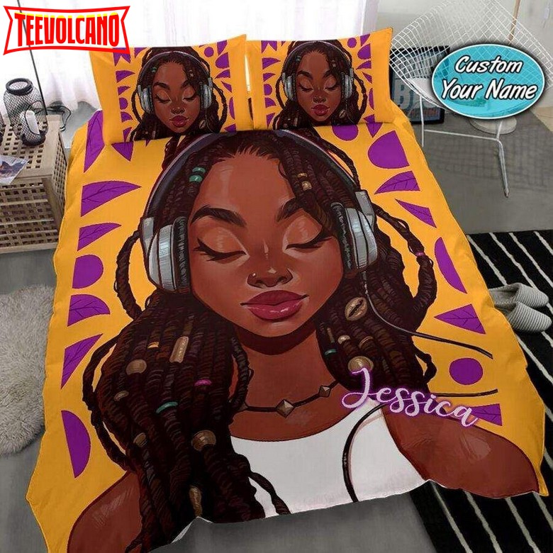 Black Girl With Headphone Custom Name Duvet Cover Bedding Set