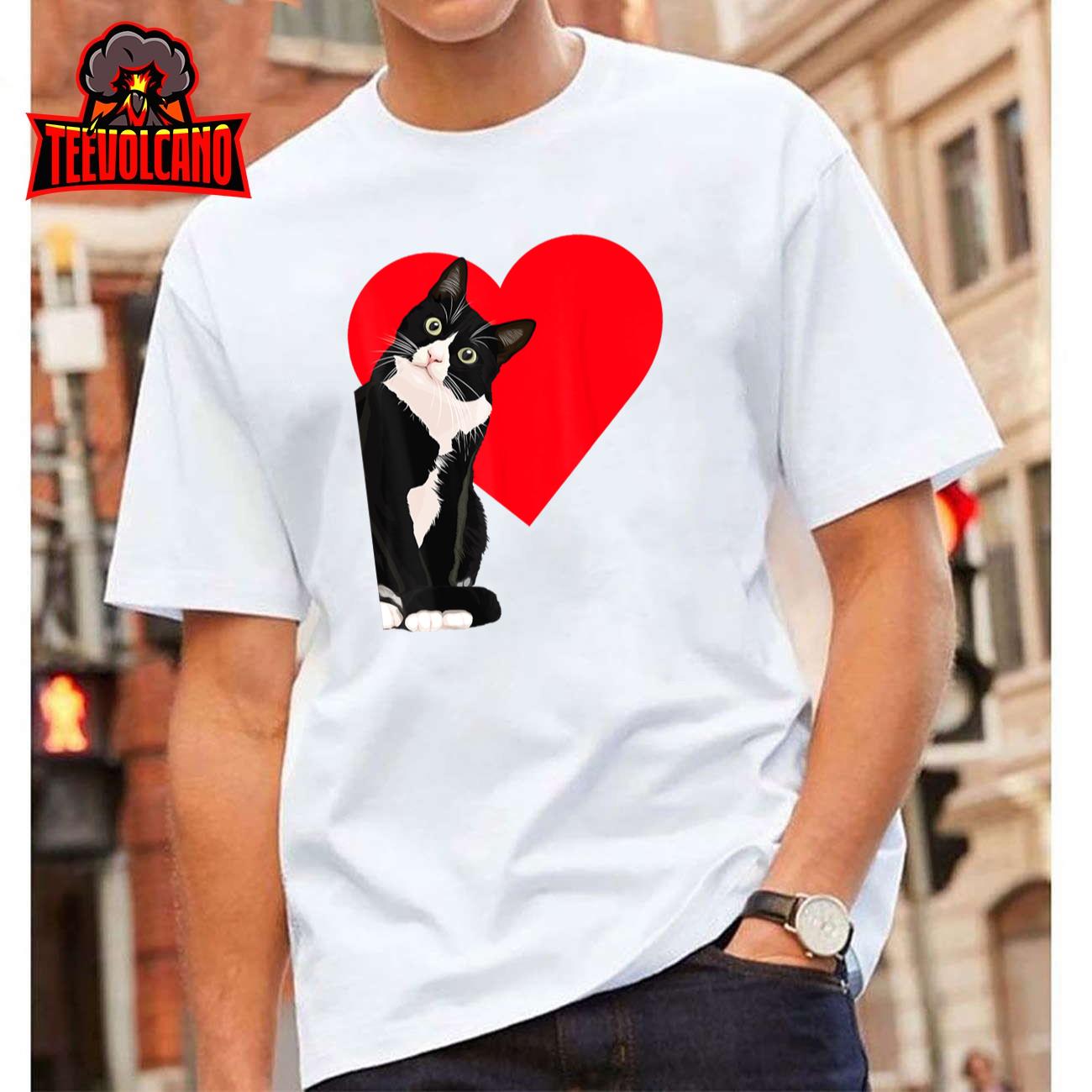 Funny Black Cat Valentine’s Day Heart Tuxedo Cat Lover T-Shirt