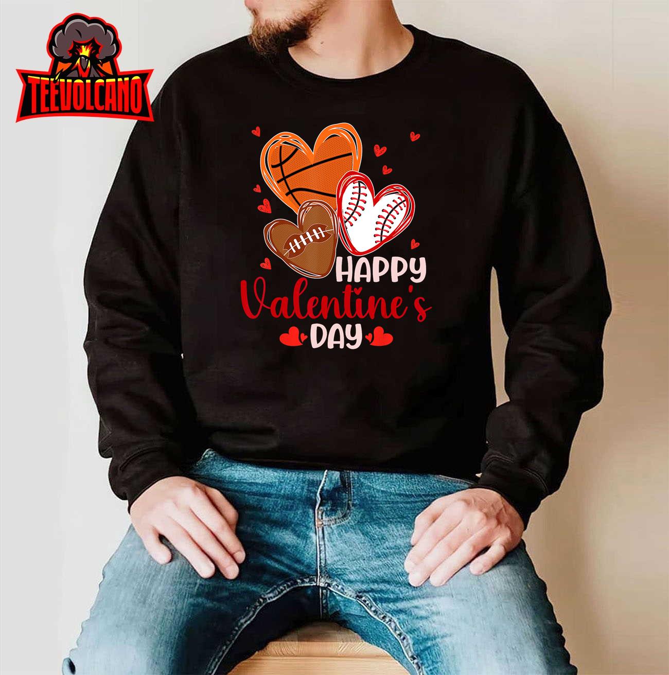 Happy Valentines Day Basketball Baseball Football Boys Mens T-Shirt