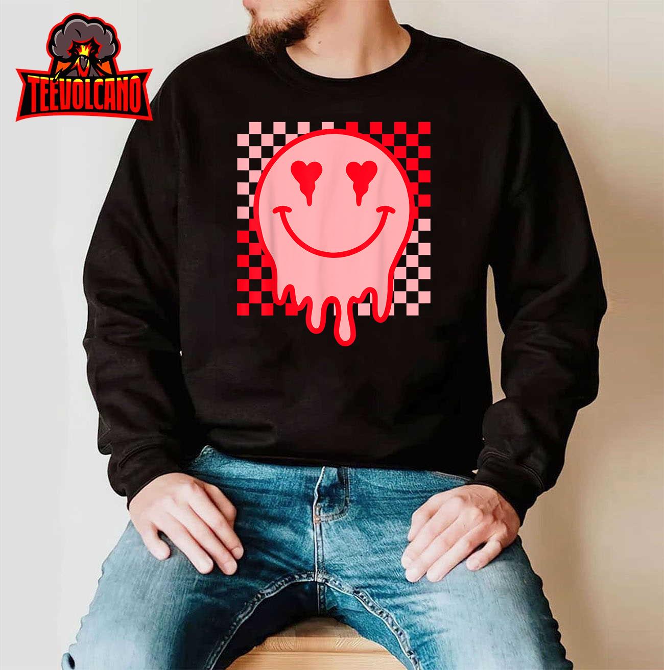 Retro Groovy Checkered Valentines Day Heart Eyes Happy Face T-Shirt